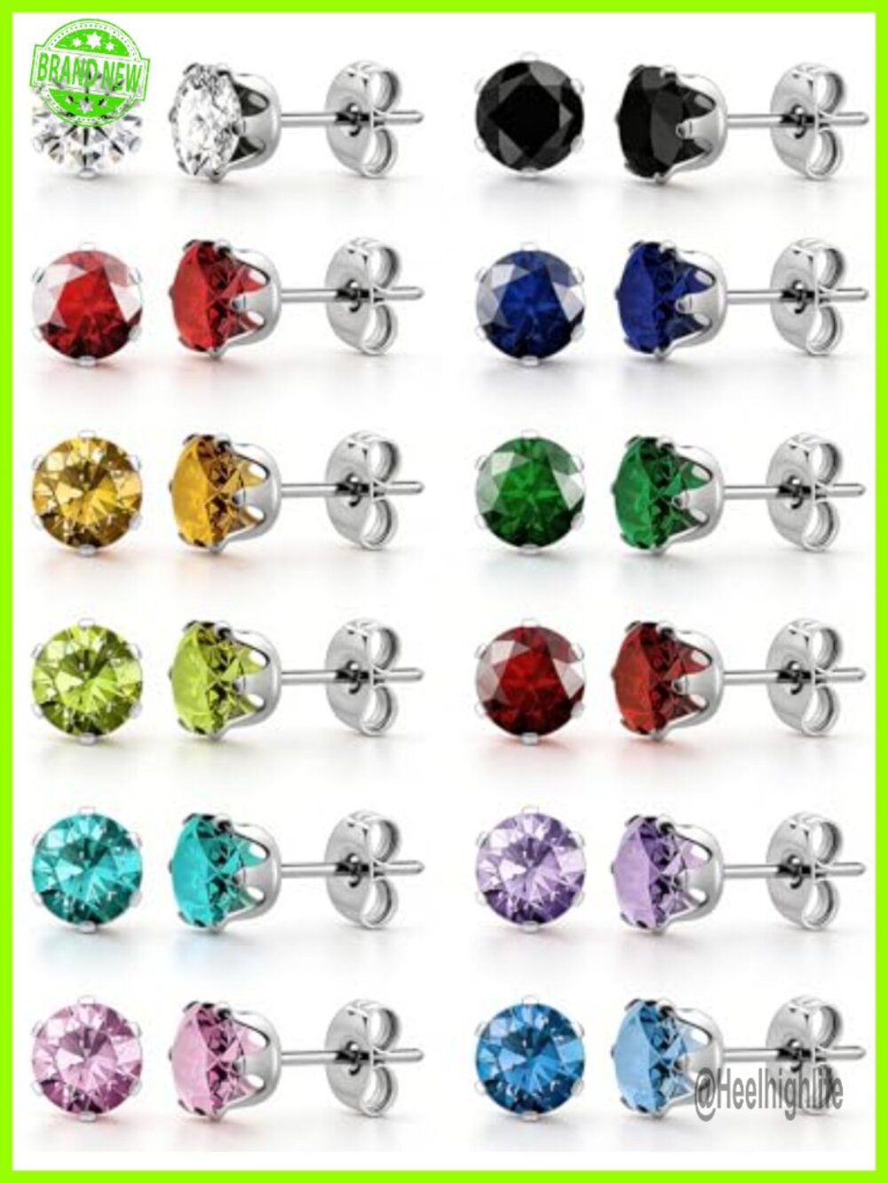 12 Pairs Surgical Steel Stud Earrings Hypoallergenic Cubic Zirconia Set